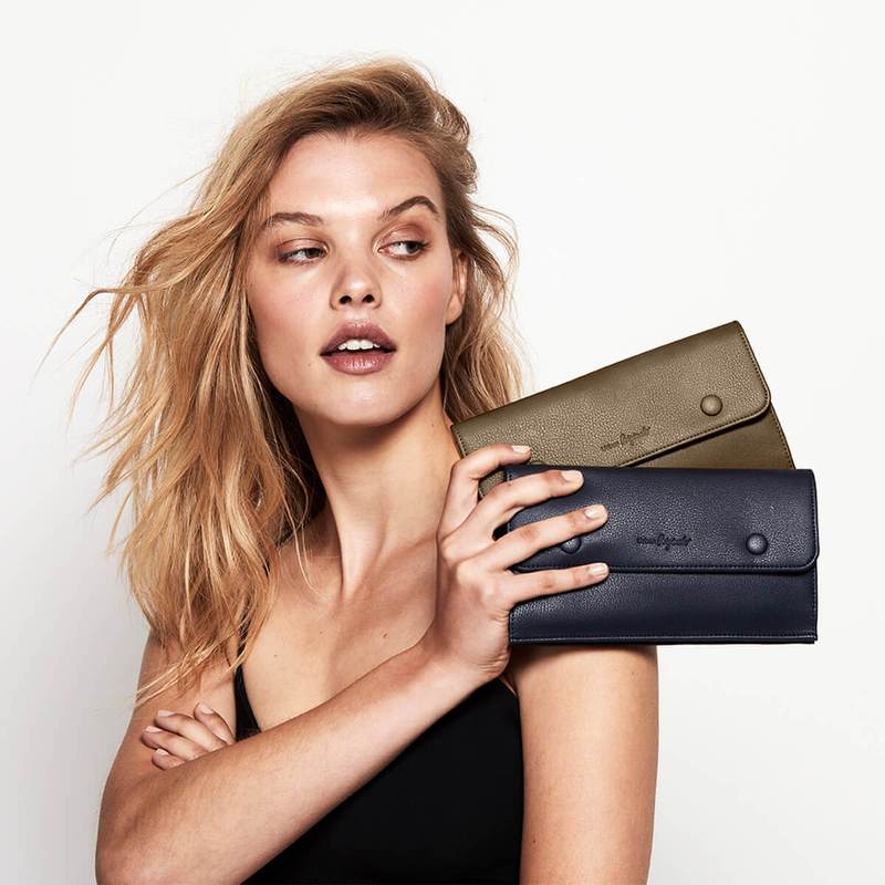Girl model holding two wallets